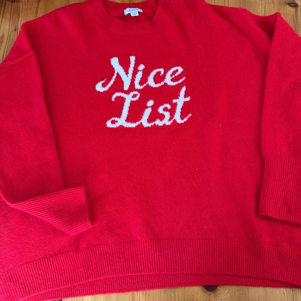 NWT CeCe Red Script "Nice List” ‎ Holiday Sweater Womens Size Large Pullover